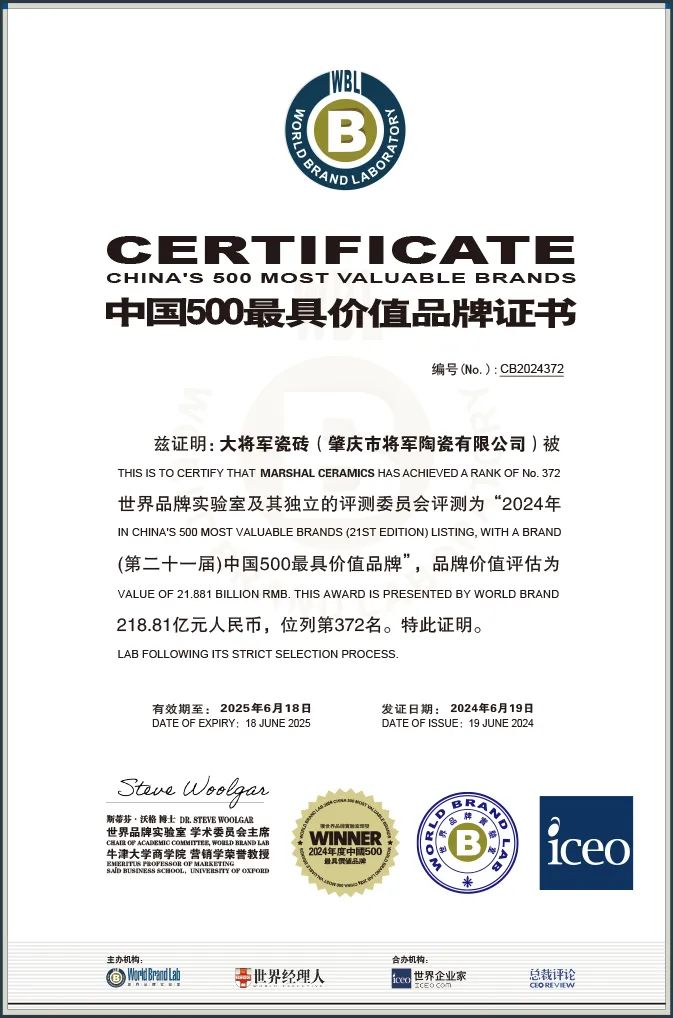 價(jià)值218.81億！大將軍瓷磚連續9年蟬聯(lián)“中國500價(jià)值品牌”榜(圖2)